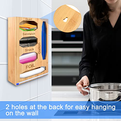 Ziplock Bag Storage Organizer Wrap Dispenser - Aluminum foil Dispenser with Cutter Labels,Bamboo Organizer, Compatible with Gallon, Quart, Sandwich and Snack Variety Size Bag