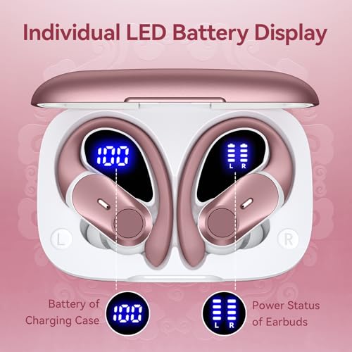 Active Noise Cancelling Ear Buds Wireless Earbuds 80H Playtime Bluetooth Headphones Over Ear Hooks Earphones with Power Display Case Hi-Res Stereo & Clear Calls for Sports Running Gym Workout Rouge