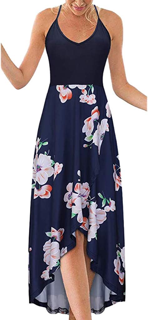 Aniywn Women Summer Halter Sleeveless Printed Beach Maxi Dress Casual High Low Hem Boho Swing Dress