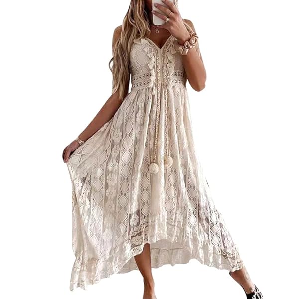 ABOCIW BOHO MAXI DRESS FOR WOMEN, WOMEN’S CASUAL SUMMER LACE UP TASSEL CUTOUT BOHO DRESS V NECK SLEEVELESS HIGH WAIST LONG BEACH DRESSES FLOWY MAXI DRESS FOR WOMEN BEACH VACATION APRICOT02 M