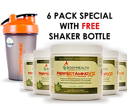 PerfectAmino XP, 150 Grams - (6 Pack Special w/Free Shaker Bottle) Perfect Amino Blend with 99% Utilization, Cool Lime Flavor Amino Powder