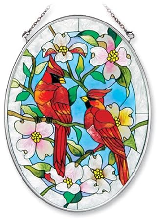Amia Hand Painted Glass Suncatcher with Cardinal and Dogwood Design, 5-1/4-Inch by 7-Inch Oval