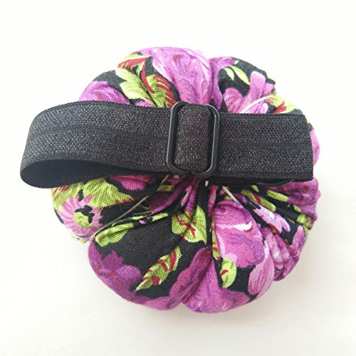 Purple Floral Flower On Black Wrist Pin Needle Cushion Adjustable Elastic Band Pincushion Wearable Cute Small Size Pumpkin Pins Needles Pincushions Holder Safety with Elastic Band for Sewing Crafting - Thumbnail 3