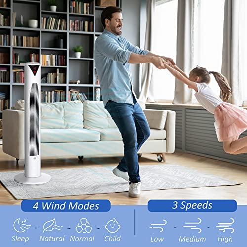 HOMCOM Freestanding Tower Fan Cooling for Home Bedroom with Oscillating, 4 Modes, 3 Speeds, 12h Timer, LED Sensor Panel, Remote Controller, White