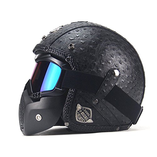 AUTOPDR Open Face Vintage Motorcycle Helmet PU Leather Harley Helmets 3/7 Motorcycle Chopper Bike Helmet with Goggle Mask XL(61-62cm)