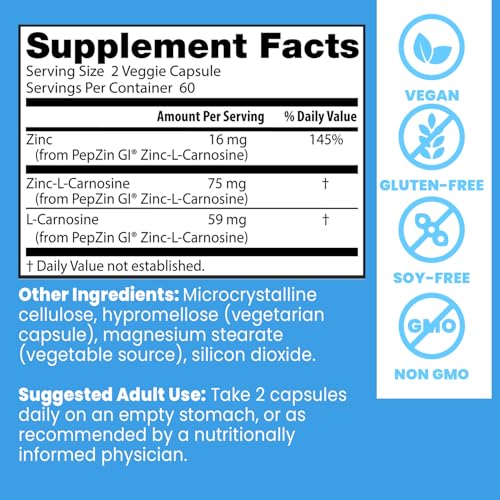 DOCTOR’S BEST PEPZIN GI, ZINC-L-CARNOSINE COMPLEX FOR MEN & WOMEN – ZINC CARNOSINE SUPPLEMENT CAPS FOR GUT HEALTH, DIGESTIVE SUPPORT, & STOMACH COMFORT, VEGAN, GLUTEN FREE – 120 VEG CAPSULES