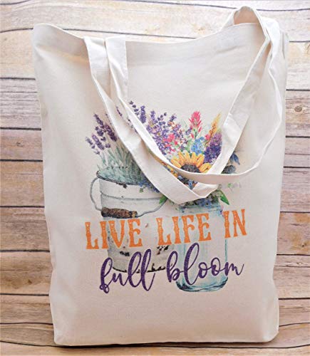 Live Life in Full Bloom Reusable Grocery Bag, Gardening Theme Canvas Tote Bag, 12 Ounce Heavy Natural Canvas bag 16" W X 16" H X 4.2" Bottom Gusset, Teacher Gift, Library Bag - Thumbnail 2