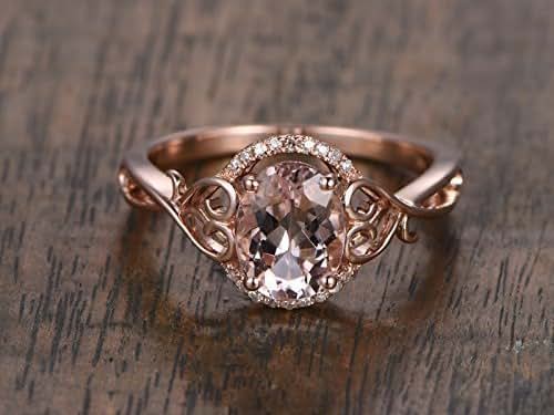 Amazon.com: Antique Pink Morganite Engagement Ring Diamond Halo Solid 14k Rose Gold Vintage 