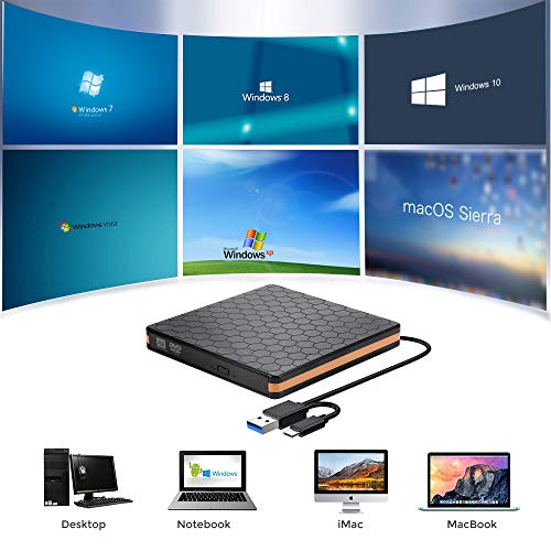 External CD Drive, Optical Drive with USB 3.0 & Type-C for VCD/DVD/CD -ROM/ -R/ +R /-RW Burner/Reader/Writer, Compatible for Windows/Linux/MAC OS (Orange-a)