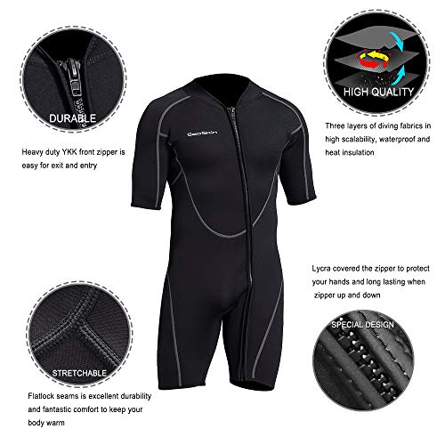 Mens 3mm Shorty Wetsuit, Premium Neoprene Front Zip Short Sleeve Scuba
