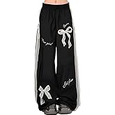 RILGOU Y2K Grunge Alt Kawaii Gothic Clothes Loose Wide Leg Vintage White Lace Bows Trim Casual Pants for Women