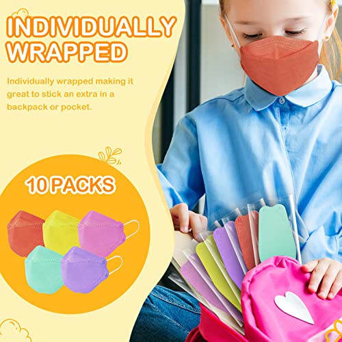Kids KF94 Masks for Children, Individually Wrapped Colored Mask for Boys Girls, Kid Sized Small Mask Design for Petite Face, 4 Ply Filter Protective Breathable Comfortable Snug Fitting Mask for School - 10 Packs