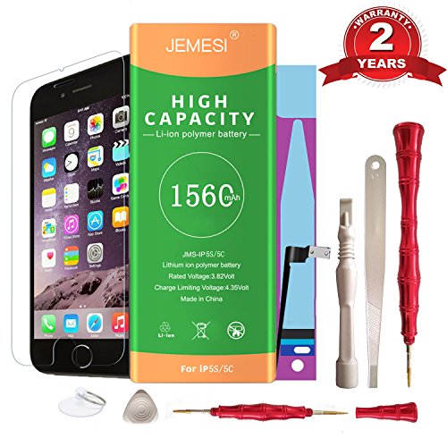 JEMESI Battery for Model iphone 5S-5C with Repair Tool Kits,Instructions and Screen Protector,New 0 Cycle Battery Replacement [24-Month Warranty]