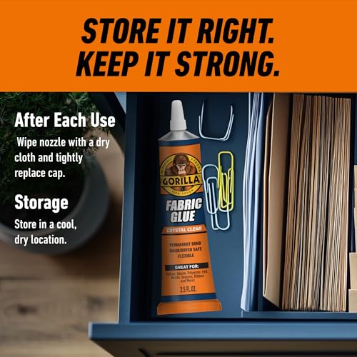 Gorilla Fabric Glue, 100% Waterproof, No-Sew, Washer/Dryer Safe, Permanent Bond, Clear, 2.5fl oz/73ml, Pack of 1