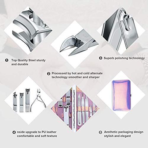 Professional Manicure, Whimsyyy Pedicure Kit, Nail Clippers, Professional Grooming Kit, Nail Tools with Luxurious Travel Case, Set of 16 (Pink)