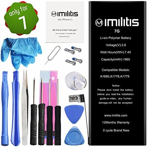 IMILITIS Battery for iPhone 7 3.82v 1960 mAh Li-ion Polymer Mobile Phone Battery with All Repair Replacement Kit Tools Adhesive Strips and Instructions (12-Month Warranty)