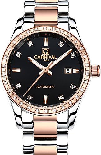 Womens 25 Jewels Automatic Rose Gold Watches With Mineral Mirror Rhinestone Calendar Luminous Watch Black