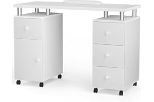 Charmmade Nail Desk Table for Nail Tech Manicure Table with Drawers for Technician Nail Workstation w/Large Storage Cabinet, Wrist Pad, Professional for Beauty Salon Makeup, Lockable Wheels, White
