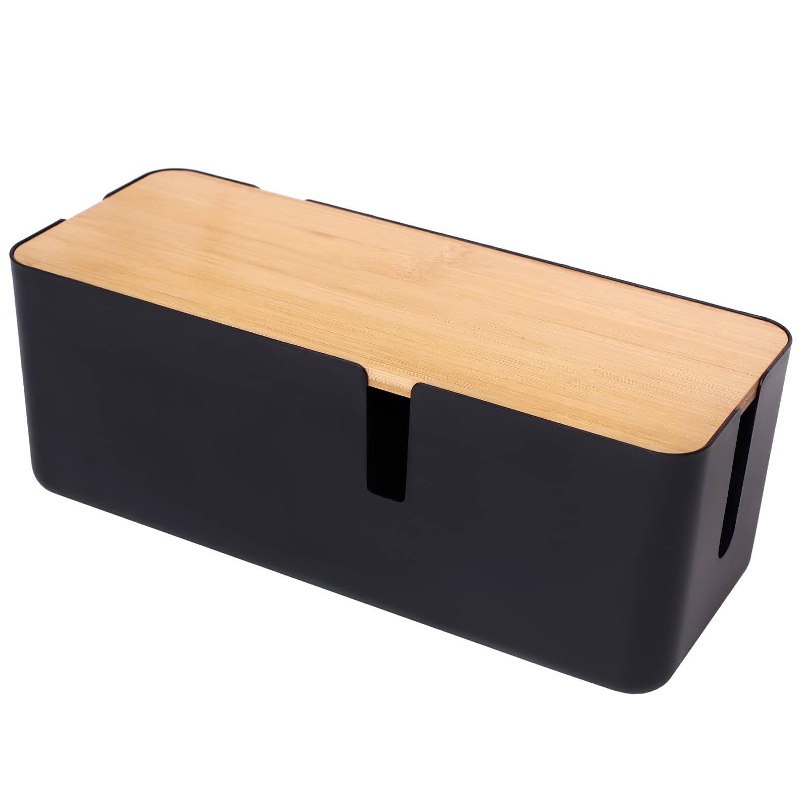 Photo 1 of Changsuo Cable Management Box with Bamboo Lid Small Cable Organizer Box for Extension Cord Power Stripe Surge Protector Wire Management Concealer Organizer Cover Hider (Black)