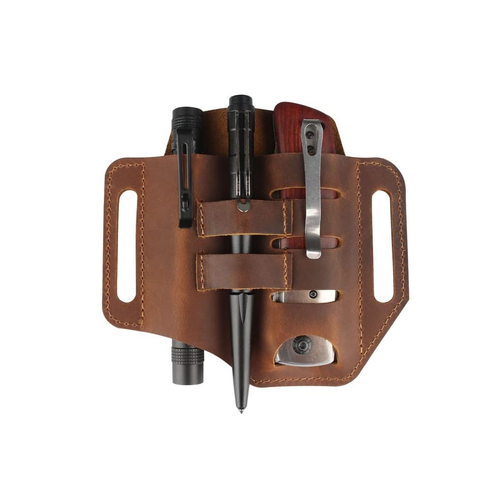 SSDH Leather Tactical Tool Belt - Multifunctional Holder for Key, Flashlight, Gadgets for Electrician, Woodworking or Outdoor Camping, Hiking Adventure (Brown)