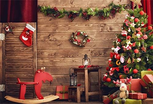 Laeacco クリスマステーマ 背景幕 ビニール 10x8フィート 子供っぽい木製子供部屋インテリア クリスマスツリーギフト 鹿 赤 揺り木馬 古いランタンの背景 クリスマスパーティーバナー 子供 赤ちゃん ポートレート 撮影