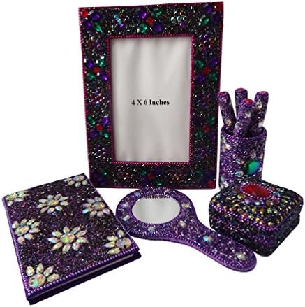 Handcrafted Gift Lot Set Diary, Pen Pot, Hand Mirror, Photo Frame, Jewelry Box Decorative Purple Table Topper Showpiece Christmas Gift Set of 5 Pcs