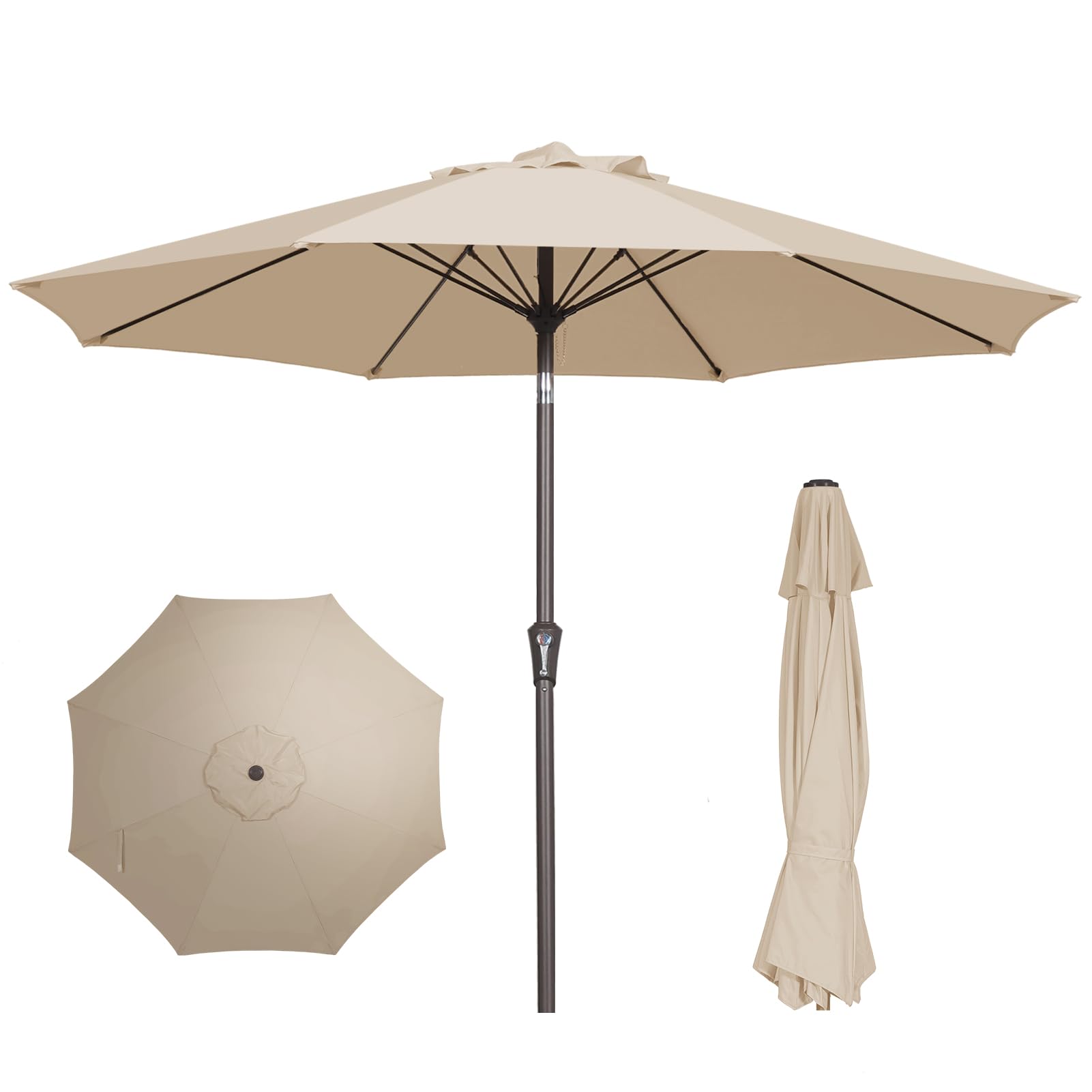 Photo 1 of PatioKingdom 9FT Patio Outdoor Umbrella-UPF 50+ Sun Shade with Wind Vent, Push-Button Tilt & Smooth Crank Lift, Rust-Resistant Fiberglass Frame for Garden, Backyard,Yard (Beige, 9FT)