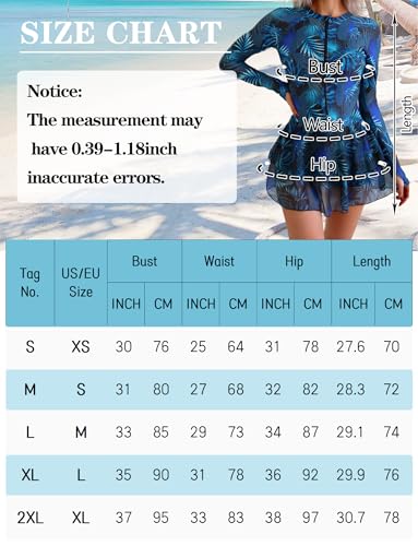 SEAUR Women Long Sleeve One Piece Skirted Swimsuit Zip Up Rash Guard Printed Modest Bathing Suits Ladies Padded Quick Drying Swimming Dress with Built in Shorts