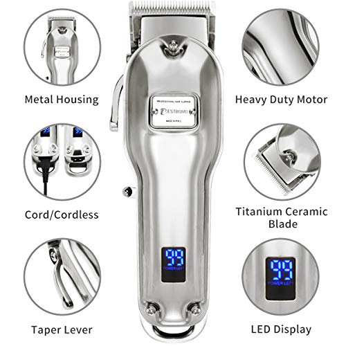 BESTBOMG Professional Cordless Haircut Kit Clippers for Men Rechargeable Beard/Hair Trimmer Set LED Display Stainless Steel Metal Housing Heavy-Duty Motor for Women/Kids/Men with Guide Combs Brush