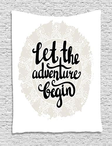TRUIOKO Adventure Tapestry, Mandala Inspired Round Motif with Motivational Phrase Hipster, Wall Hanging for Bedroom Living Room Dorm Wall Tapestry Decor,80" X 60" Inches, Pale Grey Black Whi