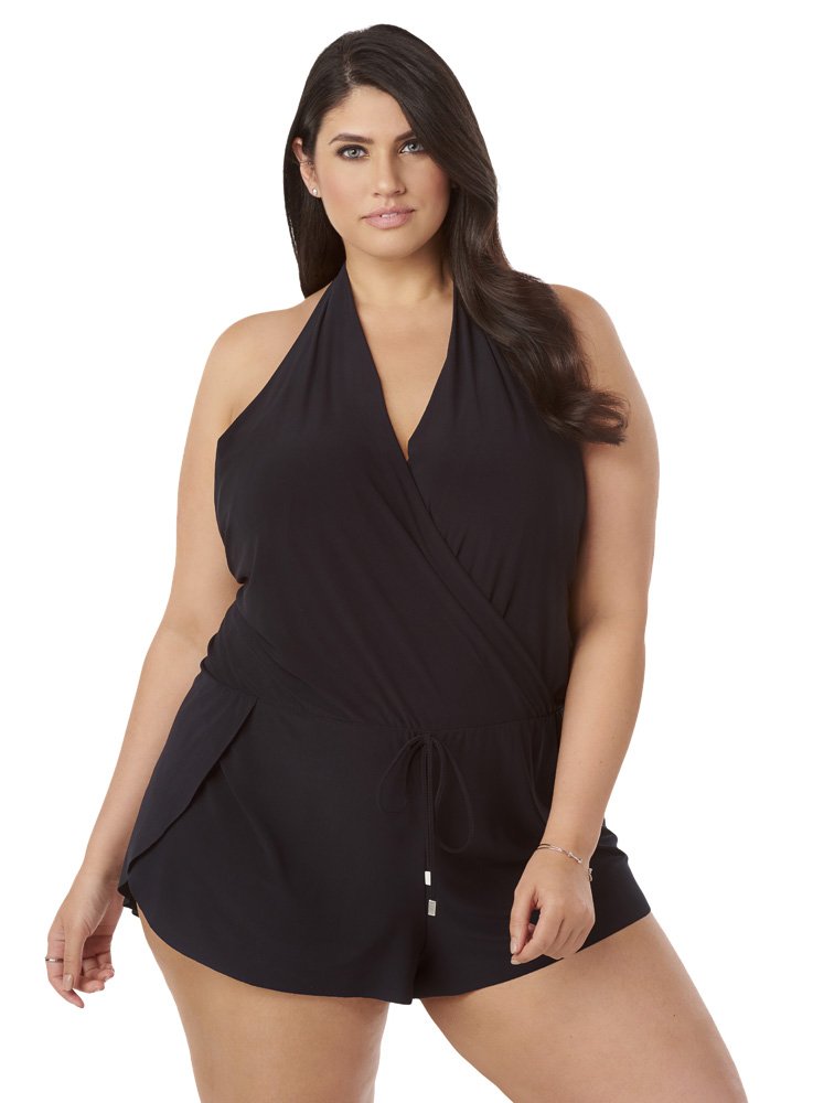 Magicsuit Women's Swimwear Plus Solid Bianca VNeck Flowy One Piece Romper Style Swimsuit with