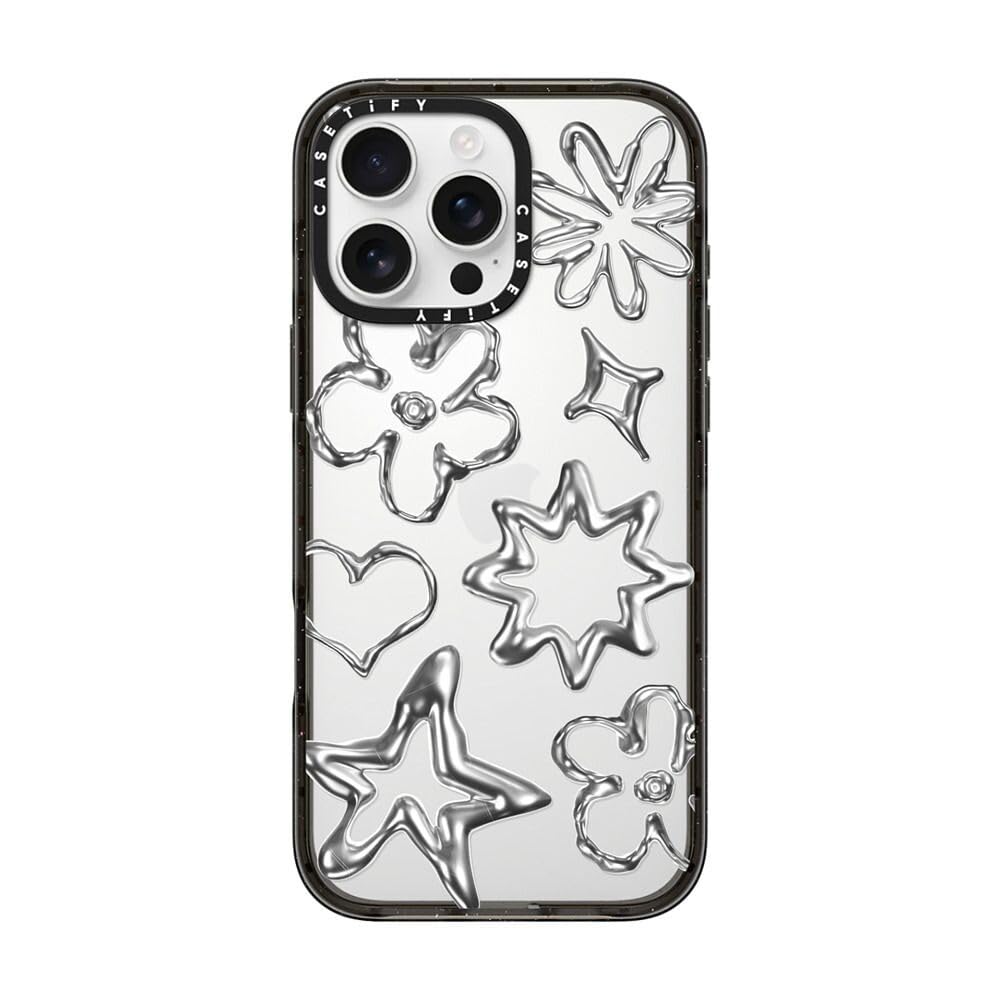 CASETiFY Impact iPhone 16 Pro Max Case [Slim / 8.2ft. 4X Military Grade Drop Protection/Wireless Charging Compatible] - Chrome Doodles - Clear Black