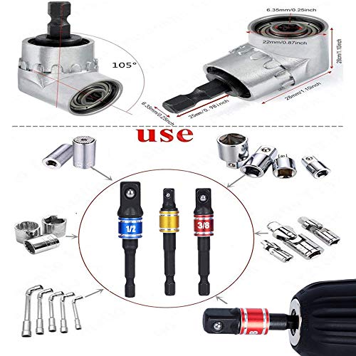 3Pcs Socket Adapter Impact Hex Shank Drill Bits Bar Set 1/4" 3/8" 1/2",1/4" Cr-V Hex Shank Impact Grade Socket Adapter/Extension Set+105 Right Angle Drill Driver Extension Screwdriver Drill Attachment - Thumbnail 7