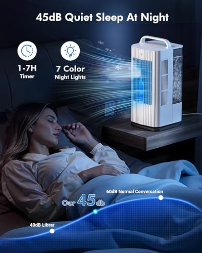 Deodak 4-in-1 Portable Air Conditioners: 1700ml Tank Mini Air Conditioner with 120° Oscillating 16.5ft Remote - Evaporative Air Cooler with 3 Speed & 7 Lights 1-7H Timer - Portable AC Unit for Bedroom