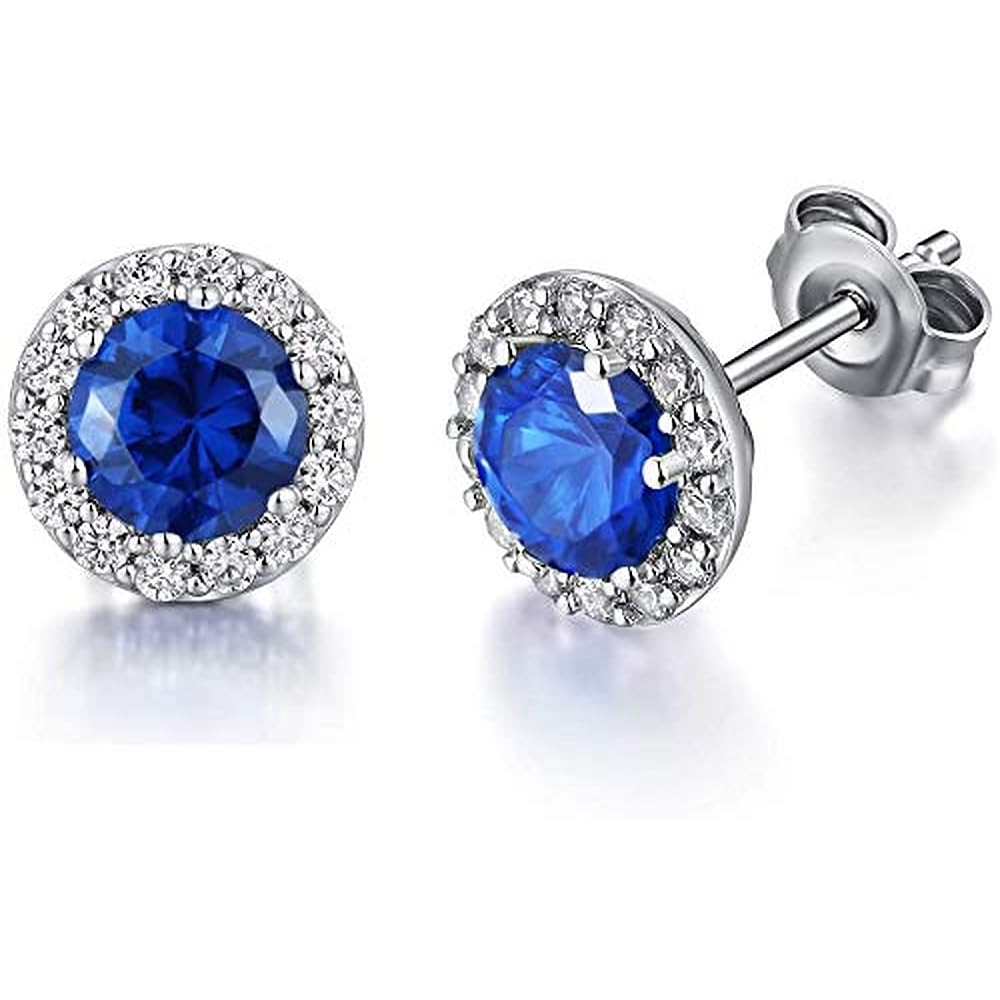 Halo Stud Earrings for Women 925 Sterling Silver Round Cubic Zirconia Diamond Earrings Hypoallergenic Blue Crystal CZ Studs Halo Jewellery Gifts for Men
