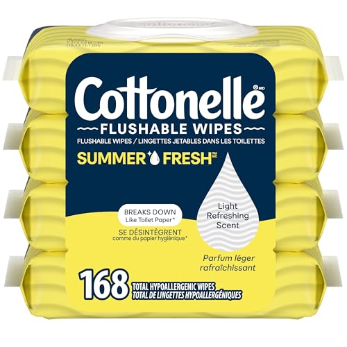 Cottonelle Summer Fresh Scented Flushable Wet Wipes, Biodegradable & Septic Safe, 4 Flip-Top Packs of 42, 168 Total Flushble Wipes | 4 Flip-Top Packs, Septic Safe, Light Floral Scent, Gentle, Alcohol-Free, Plant-Based