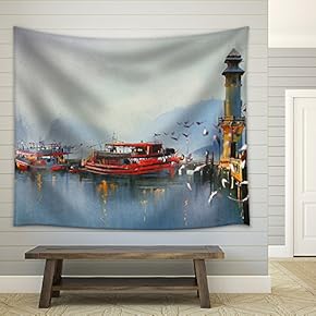 Fishing Boat in Harbor at Morning,Watercolor Painting Style - Fabric Wall Tapestry Home Decor - 51x60 inches