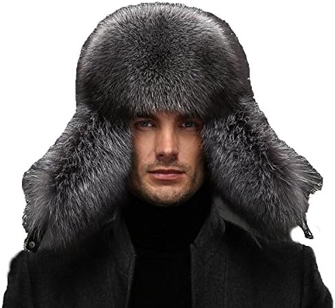 Okayda Winter Warm Fluffy Fox Fur Hats Real Racoon Fur Hat With Flaps For Men Grey L