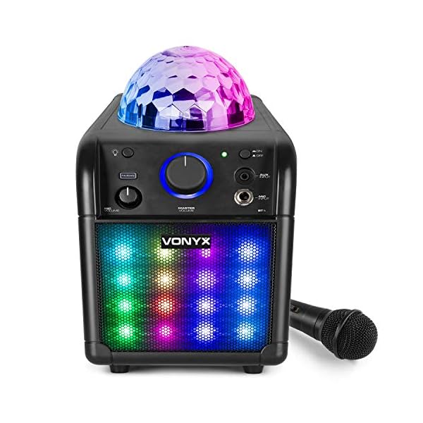 VONYX-SBS50B-PLUS-Karaoke-Machine-Speaker-System-Set-with-LED-Disco-Lights-Bluetooth-and-Handheld-Microphone-USB-MP3-Battery-or-Mains-Portable-Singing-Machine-Black