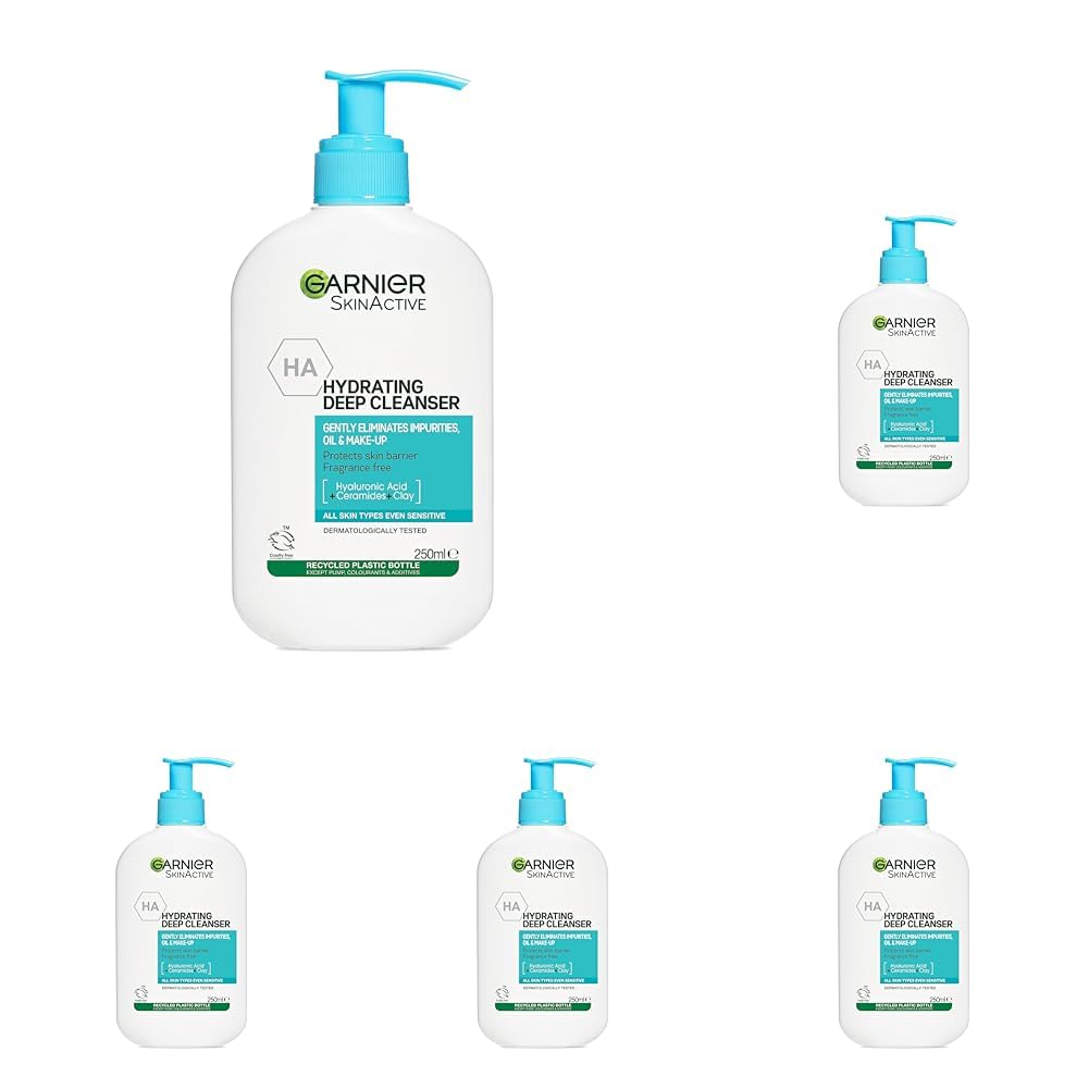 Garnier Gentle Deep Face Cleanser, With Hydrating Hyaluronic Acid, Protecting Ceramides, Purifying Clay, Fragrance Free, Suitable For Sensitive Skin, Pure Active, 250ml (Pack of 5)