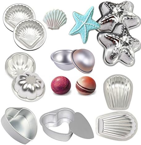 6 Set 12Pieces 6 Style Mold with 2 Shell Shape,2 Hemispheres,2 Heart Shape, 2 Starfish Shape,2 Scallop Shape,2 Flower Shape Cake Pan Molds,DIY Metal Bath Bomb Mold with ， Aluminum