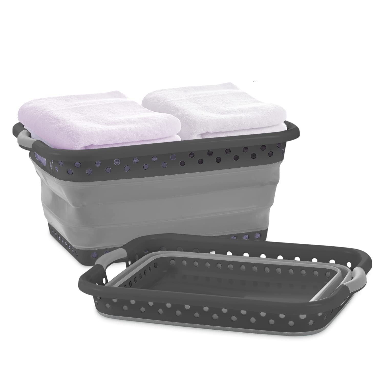 Photo 1 of  2 pack Pop & Load Collapse & Store 1 Large 25" Slim Collapsible Plastic Laundry Basket, Space Saving Portable Pop Up Storage & Organization Basket, 3" High When Folded, Dual Comfort Grip Handles, Black
