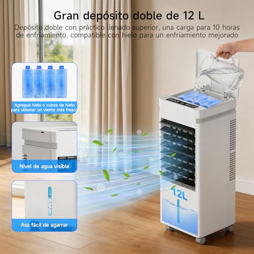 Aire Acondicionado Portátil, Enfriador de Aire por Evaporación con Ventilador de 20W, Depósito de 12L y Cristales de Hielo – 3 Modos, 12 Velocidades, Oscilación, Temporizador y Mando a Distancia