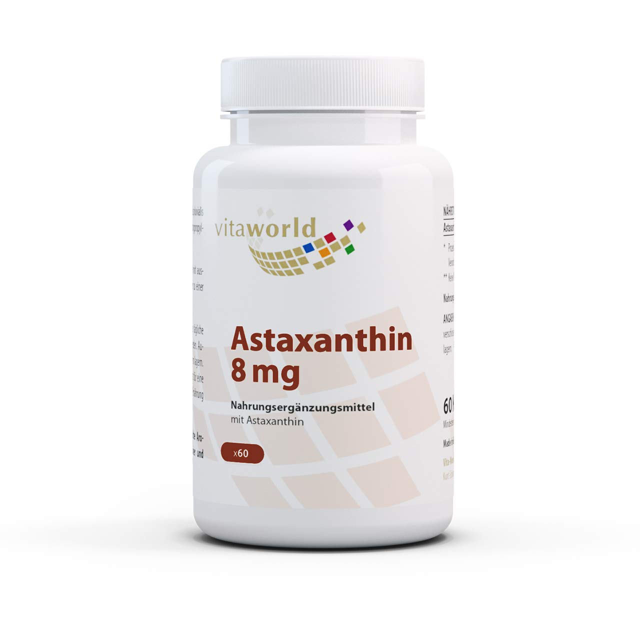 Vita World Astaxanthin 8mg 60 Vegetarian Capsules Production Haematococcus pluvialis Made in Germany
