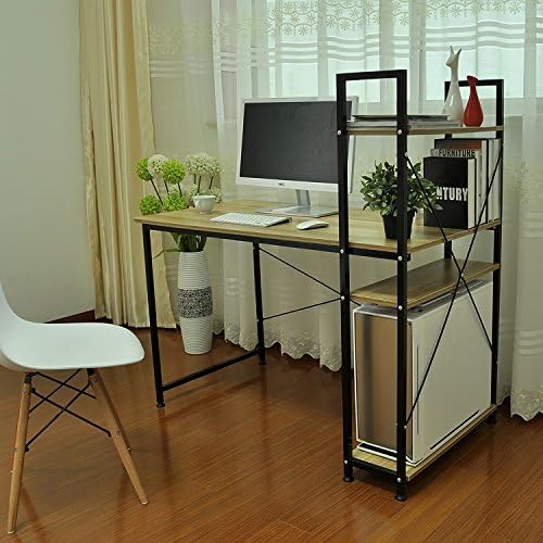 Computer Desk With 4 Shelves Multi Shelf Tower 4-tier Bookcase -Office Workstation Home Office Study Table Large Writing Desk
