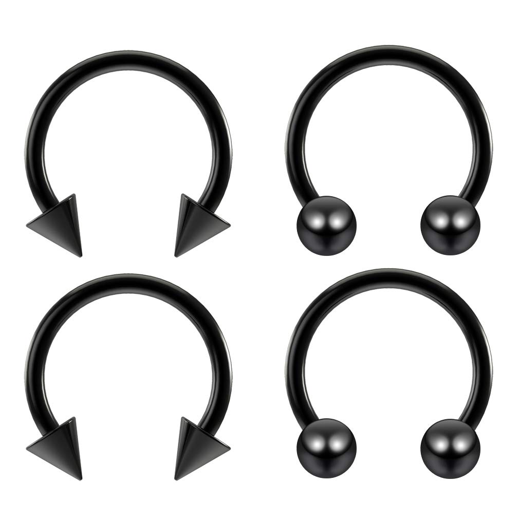 4pc Black Horseshoe Bar Earrings 18g 1mm Circular Cartilage Barbell Rings Anodized Lip Hoop 8mm Spike
