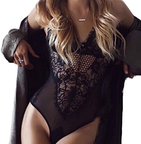 EKIMI Women's Fashion Sexy Lace Backless Jumpsuit Swimsuit Bodysuit (XL, Black)