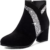 JOEUSTY Women's Fashion Glitter Dressy Ankle Boots Round Toe Side Zipper Chunky High Heel Dress Short Booties