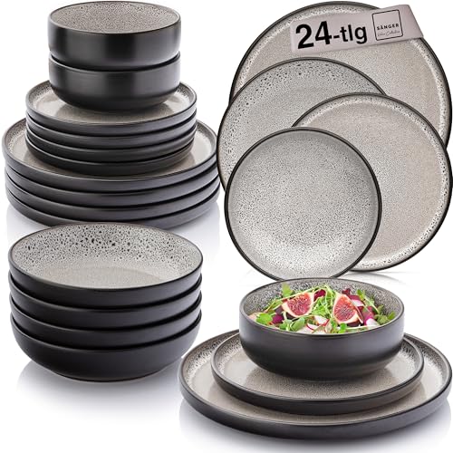 SÄNGER Luxor Steingut Geschirrset 6 Personen Teller Set 24tlg Beige Braun