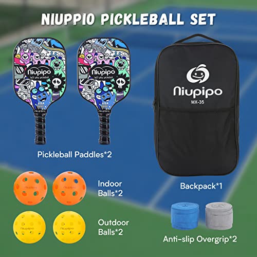 niupipo Pickleball Paddles, Pickleball Paddle Set of 2 w/ Honeycomb Core, Fiberglass Surface, 2 Durable Overgrips, 1 Bag, 4 Pickleball Balls , Pickleball Paddle for Outdoor & Indoor Family Games
